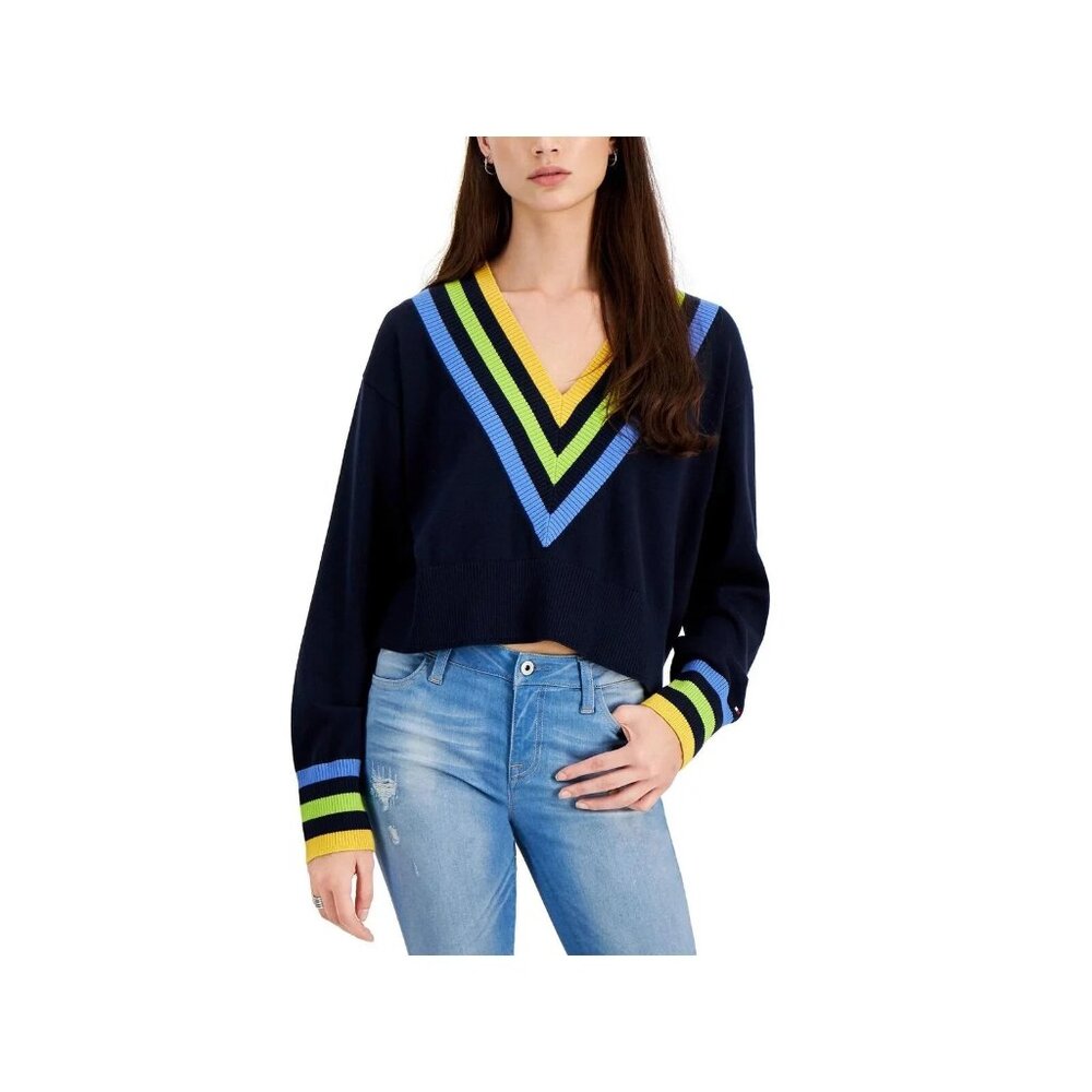 Tommy Hilfiger Womens Size Large  V Neck Cropped Crop Sweater NEW